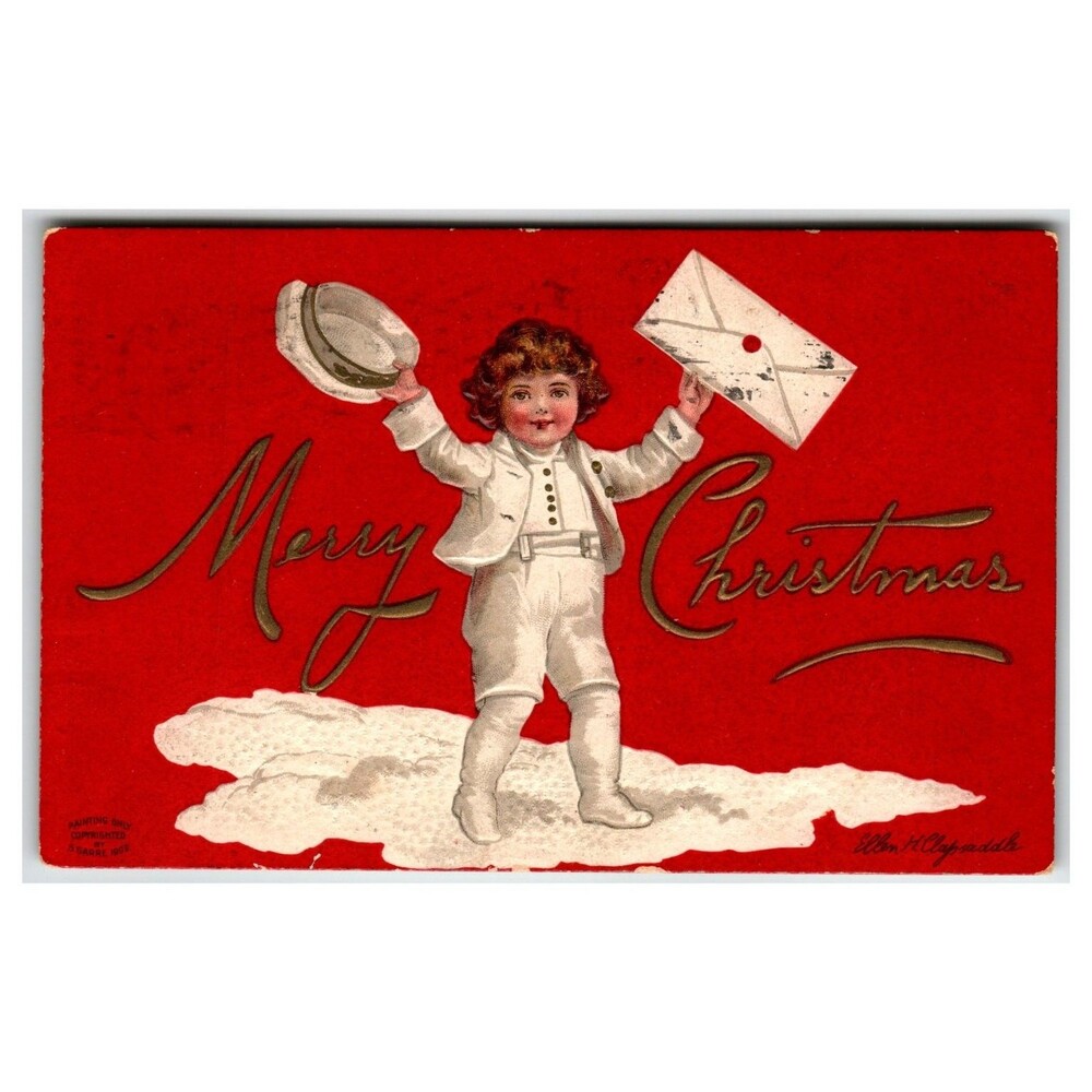 Ellen H Clapsaddle Merry Christmas Boy Snow Postcard 1910 Posted Vintage